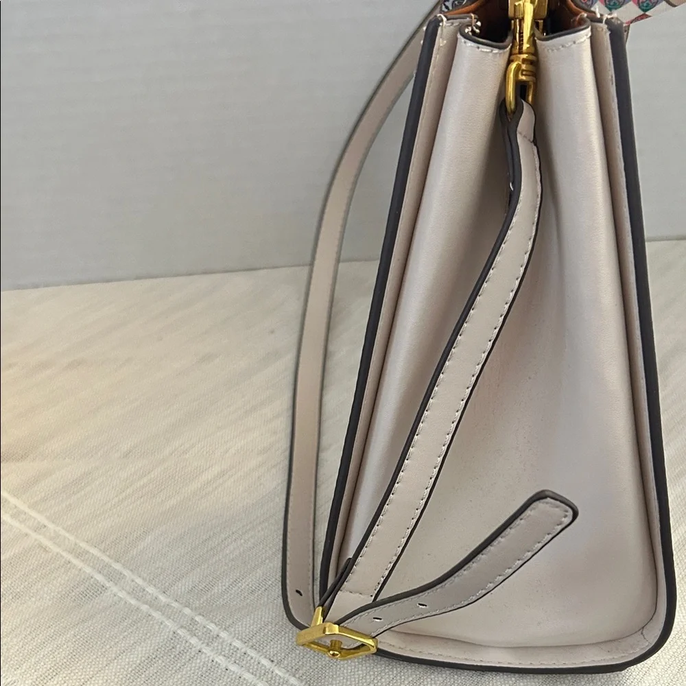 Tory Burch $700 Cream Eleanor Spazoletto Satchel with Gold Logo and Ribbon